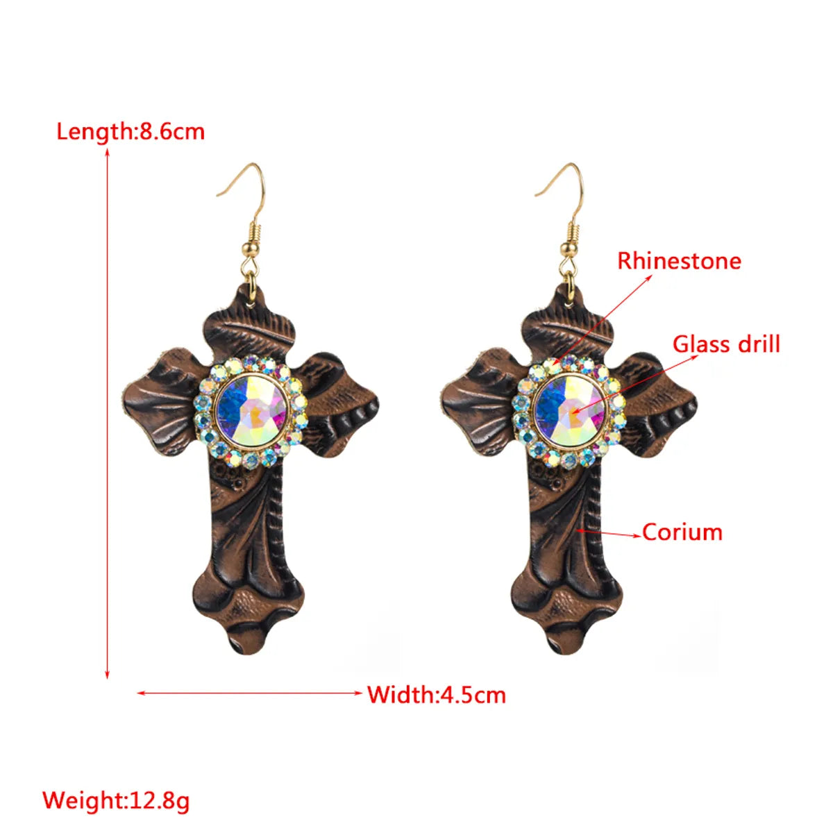 1 Pair Retro Cross Inlay Pu Leather Alloy Rhinestones Glass Drill Drop Earrings