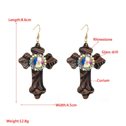 1 Pair Retro Cross Inlay Pu Leather Alloy Rhinestones Glass Drill Drop Earrings