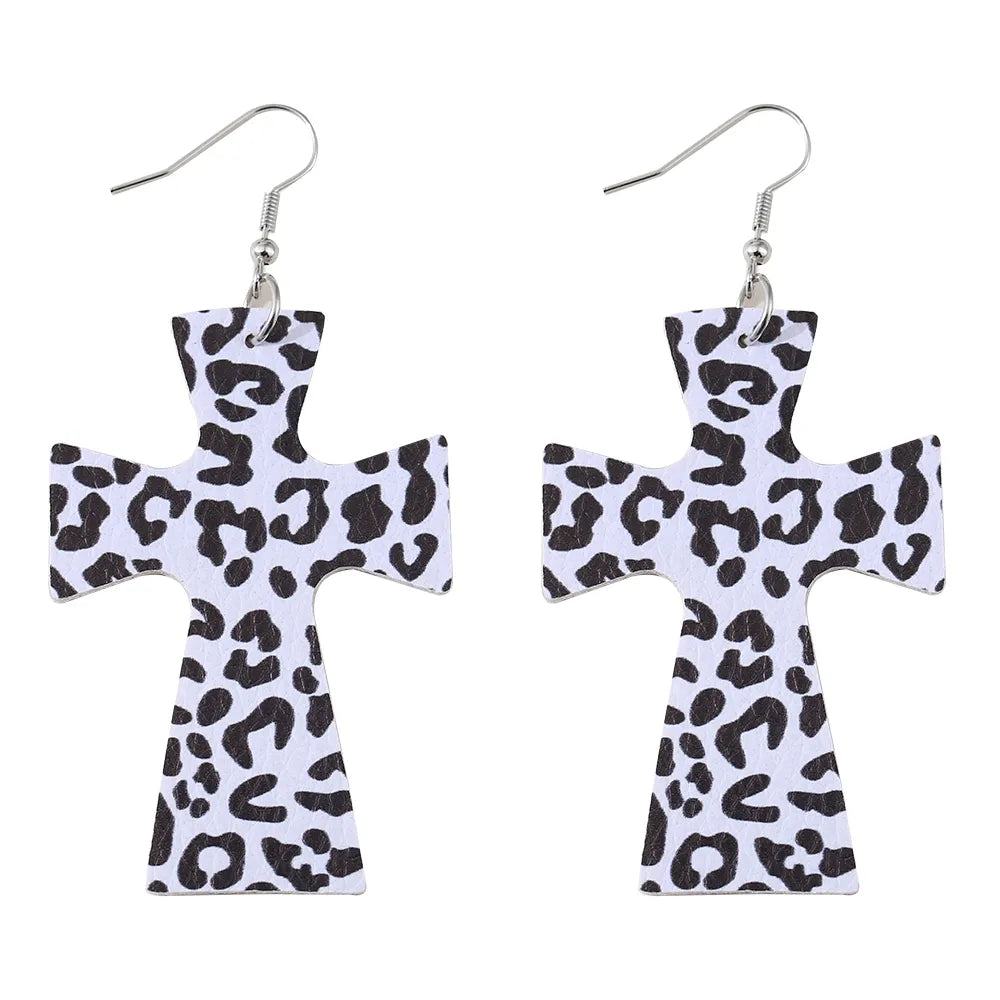 1 Pair Retro Cross Printing Pu Leather Drop Earrings