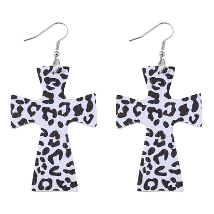 1 Pair Retro Cross Printing Pu Leather Drop Earrings