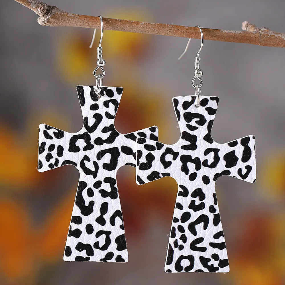 1 Pair Retro Cross Printing Pu Leather Drop Earrings