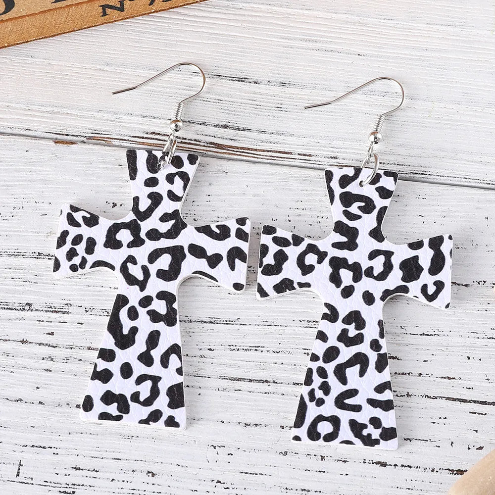 1 Pair Retro Cross Printing Pu Leather Drop Earrings