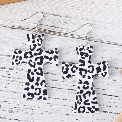 1 Pair Retro Cross Printing Pu Leather Drop Earrings