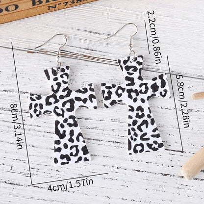 1 Pair Retro Cross Printing Pu Leather Drop Earrings