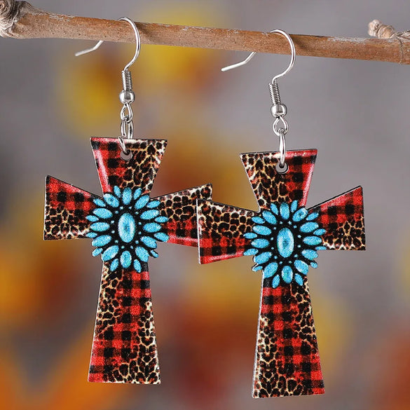 1 Pair Retro Cross Printing Wood Drop Earrings