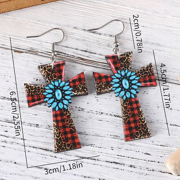 1 Pair Retro Cross Printing Wood Drop Earrings