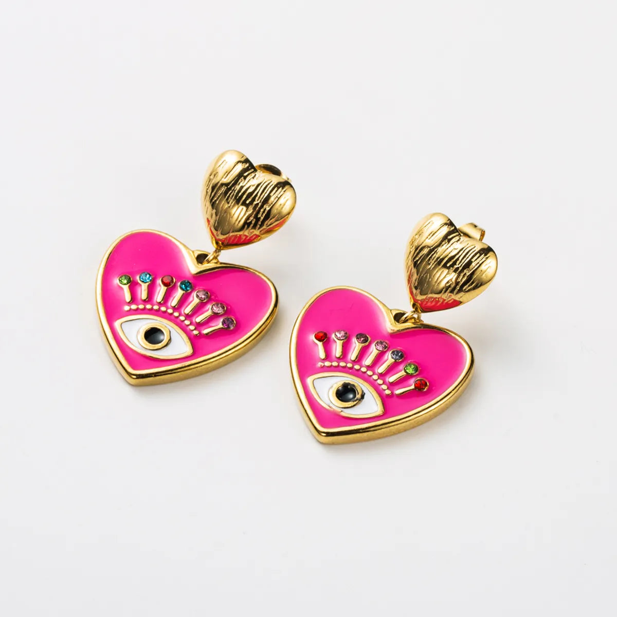 1 Pair Retro Devil's Eye Heart Shape Enamel Inlay Stainless Steel Rhinestones Earrings