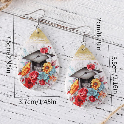 1 Pair Retro Doctoral Cap Flower Pu Leather Drop Earrings