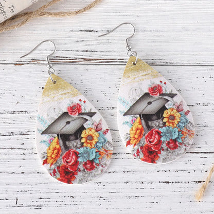 1 Pair Retro Doctoral Cap Flower Pu Leather Drop Earrings