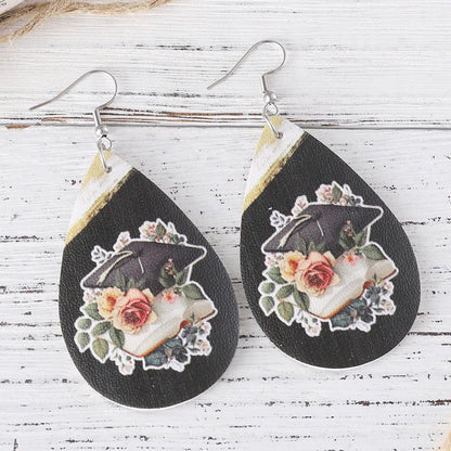 1 Pair Retro Doctoral Cap Flower Pu Leather Drop Earrings