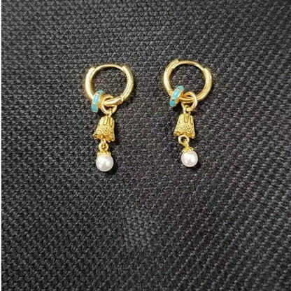 1 Pair Retro Ethnic Style Bell Plating Inlay Carving Sterling Silver Artificial Pearls Drop Earrings