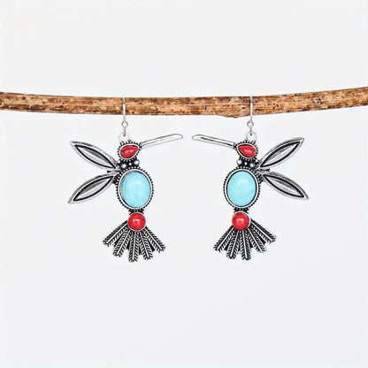 1 Pair Retro Ethnic Style Bird Inlay Alloy Turquoise Drop Earrings