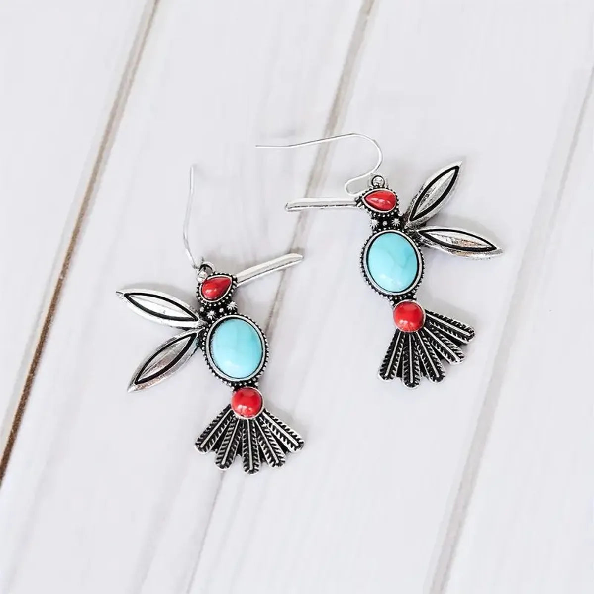 1 Pair Retro Ethnic Style Bird Inlay Alloy Turquoise Drop Earrings