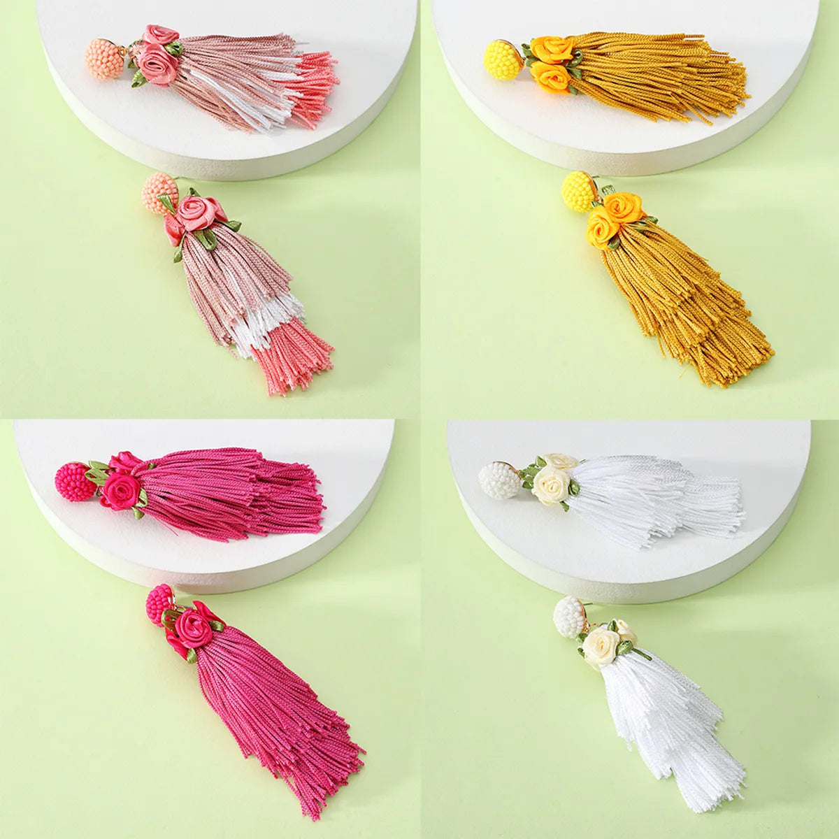 1 Pair Retro Ethnic Style Bohemian Flower Beaded Tassel Cotton Thread Drop Earrings