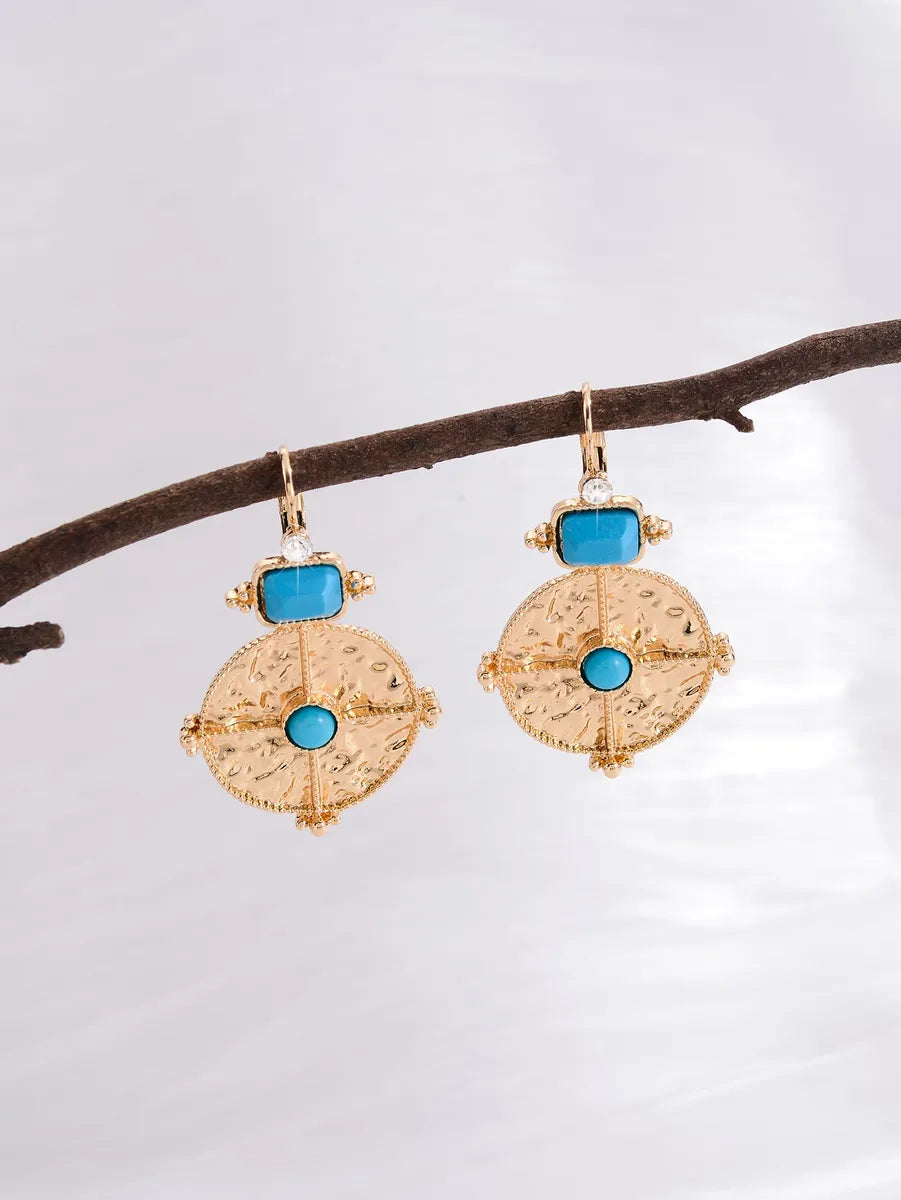 1 Pair Retro Ethnic Style Bohemian Geometric Round Plating Inlay Alloy Turquoise Drop Earrings