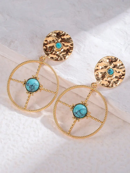 1 Pair Retro Ethnic Style Bohemian Geometric Round Plating Inlay Alloy Turquoise Drop Earrings