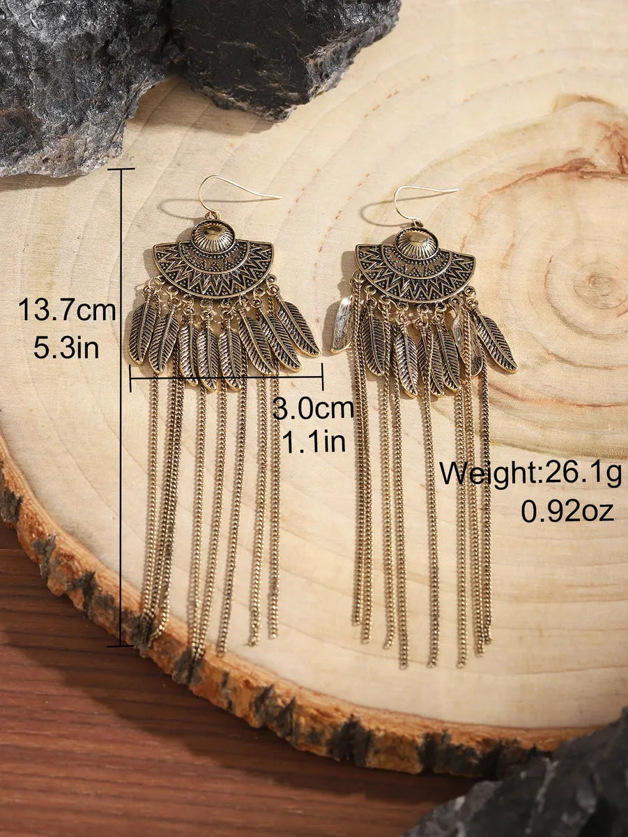 1 Pair Retro Ethnic Style Bohemian Totem Feather Chain Carving Alloy Drop Earrings