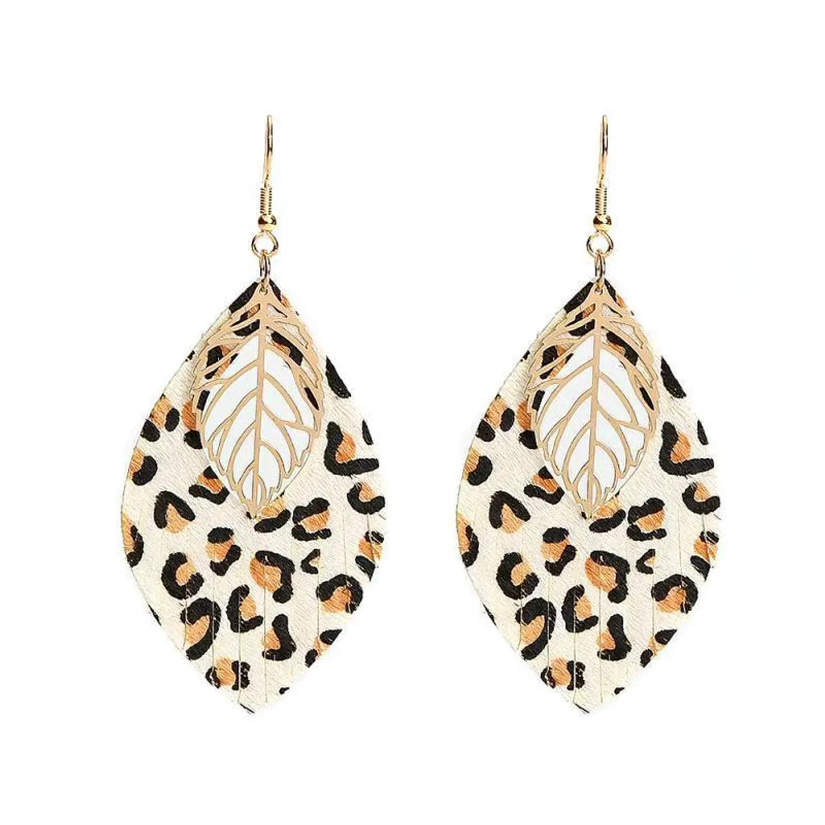 1 Pair Retro Ethnic Style Leaf Pu Leather Gold Plated Drop Earrings