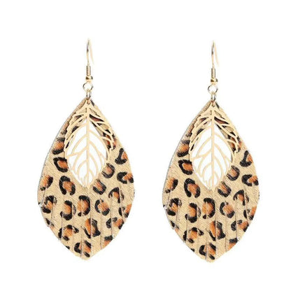 1 Pair Retro Ethnic Style Leaf Pu Leather Gold Plated Drop Earrings