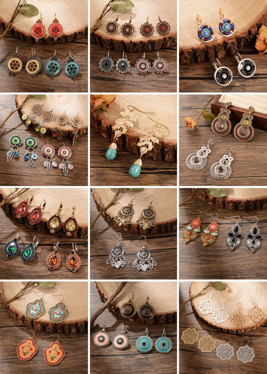 1 Pair Retro Ethnic Style Leaves Water Droplets Flower Hollow Out Inlay Alloy Natural Stone Rhinestones Drop Earrings