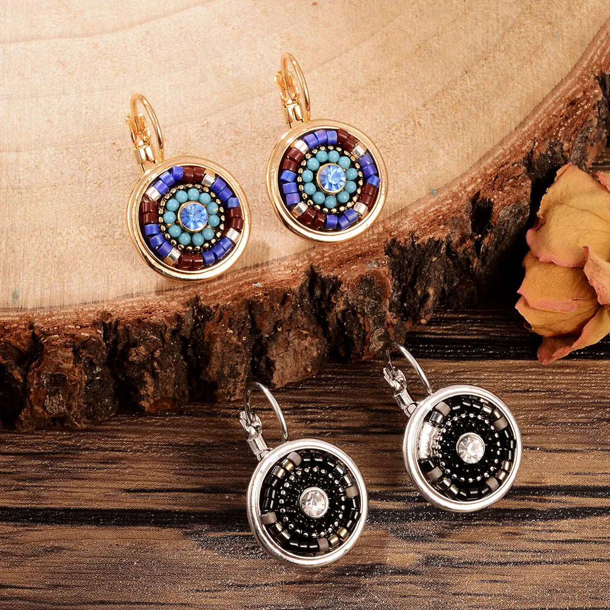 1 Pair Retro Ethnic Style Leaves Water Droplets Flower Hollow Out Inlay Alloy Natural Stone Rhinestones Drop Earrings