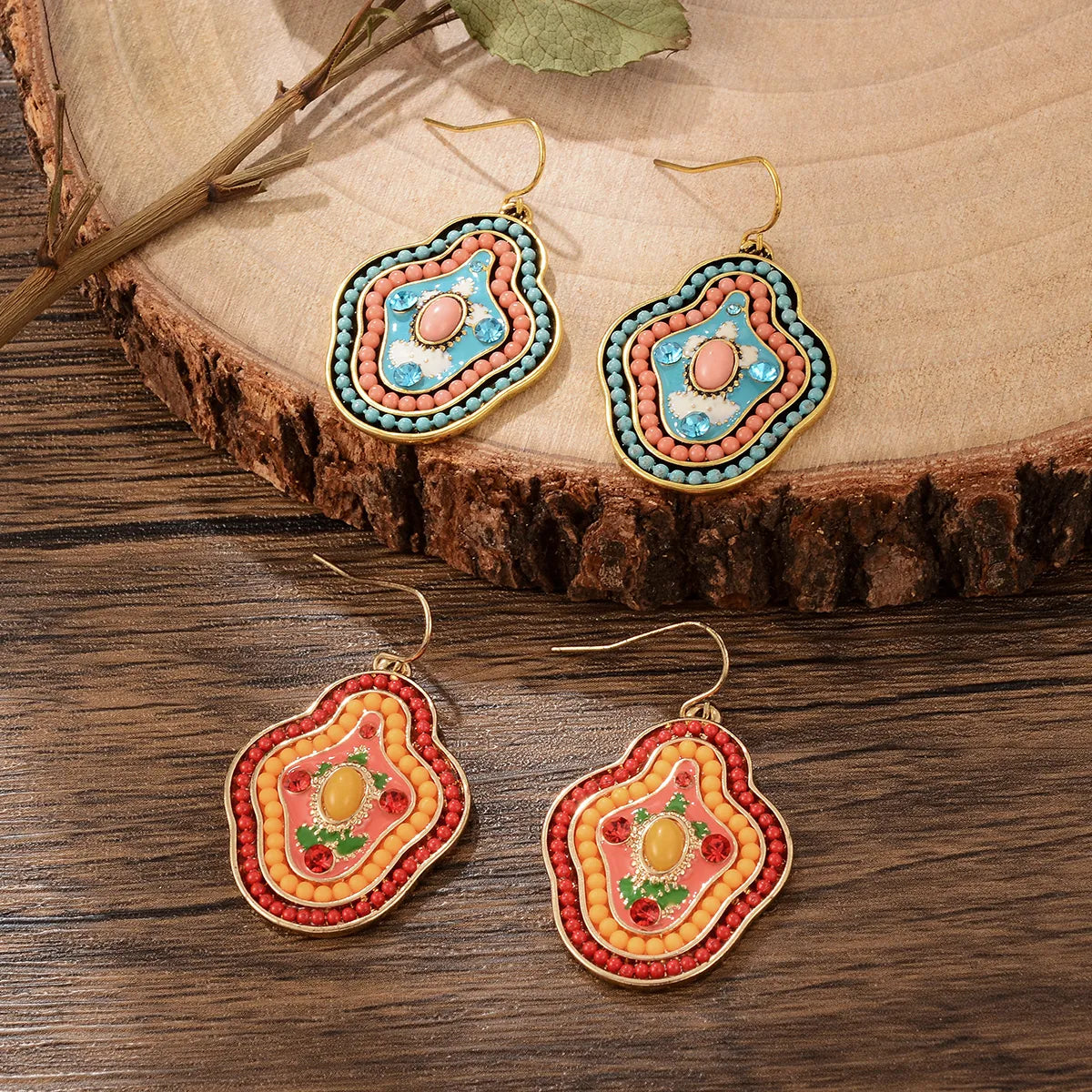 1 Pair Retro Ethnic Style Leaves Water Droplets Flower Hollow Out Inlay Alloy Natural Stone Rhinestones Drop Earrings