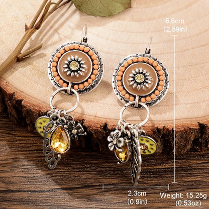 1 Pair Retro Ethnic Style Leaves Water Droplets Flower Hollow Out Inlay Alloy Natural Stone Rhinestones Drop Earrings