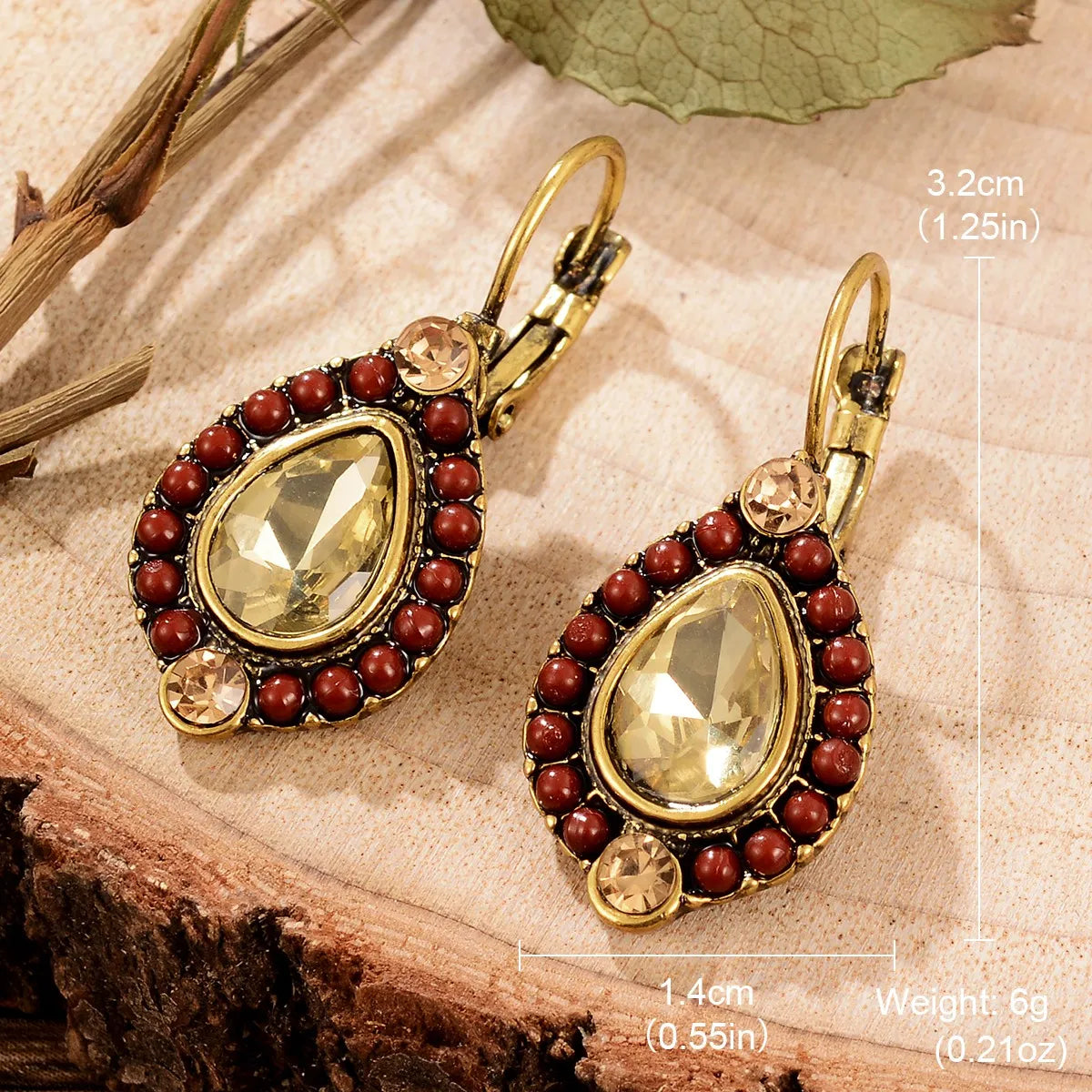 1 Pair Retro Ethnic Style Leaves Water Droplets Flower Hollow Out Inlay Alloy Natural Stone Rhinestones Drop Earrings