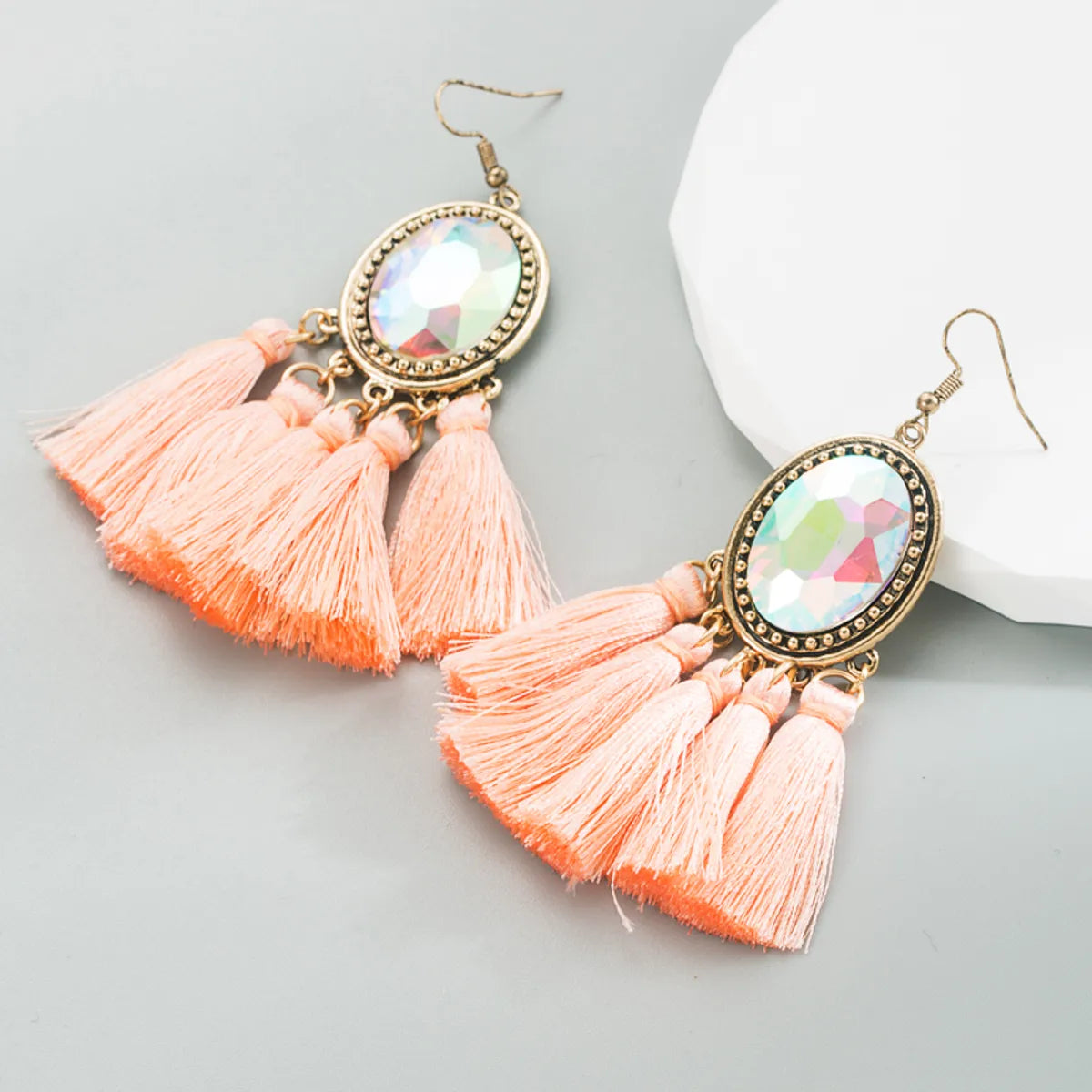 1 Pair Retro Ethnic Style Oval Tassel Tassel Plating Inlay Alloy Glass Drop Earrings