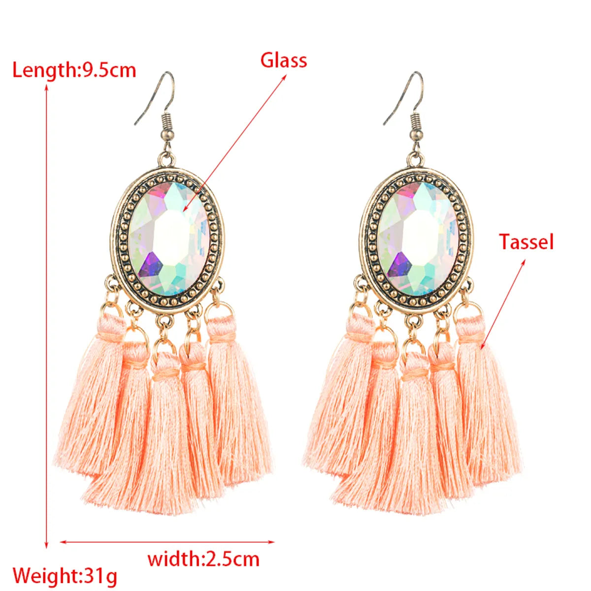 1 Pair Retro Ethnic Style Oval Tassel Tassel Plating Inlay Alloy Glass Drop Earrings