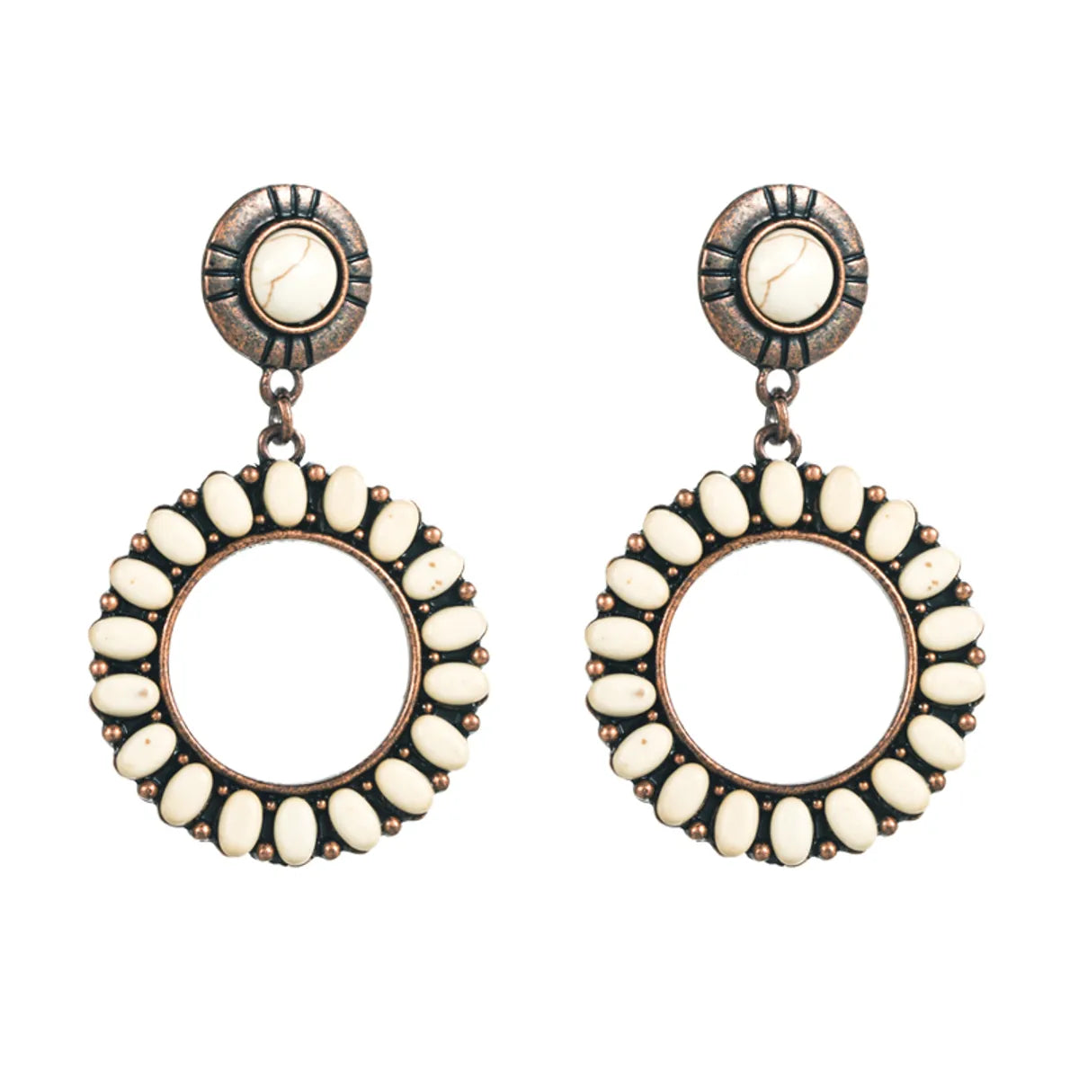 1 Pair Retro Ethnic Style Round Plating Inlay Alloy Turquoise Drop Earrings