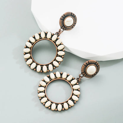 1 Pair Retro Ethnic Style Round Plating Inlay Alloy Turquoise Drop Earrings