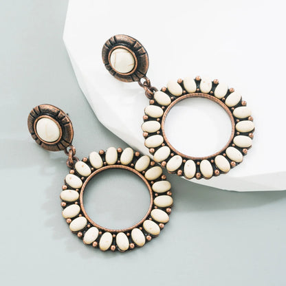 1 Pair Retro Ethnic Style Round Plating Inlay Alloy Turquoise Drop Earrings