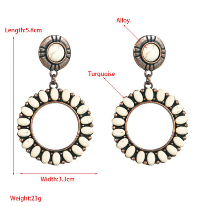 1 Pair Retro Ethnic Style Round Plating Inlay Alloy Turquoise Drop Earrings