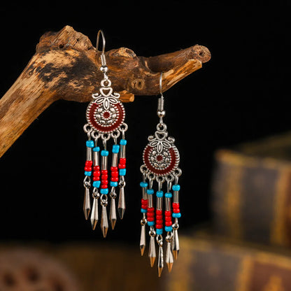 1 Pair Retro Ethnic Style Round Tassel Beaded Enamel Plating Alloy Drop Earrings