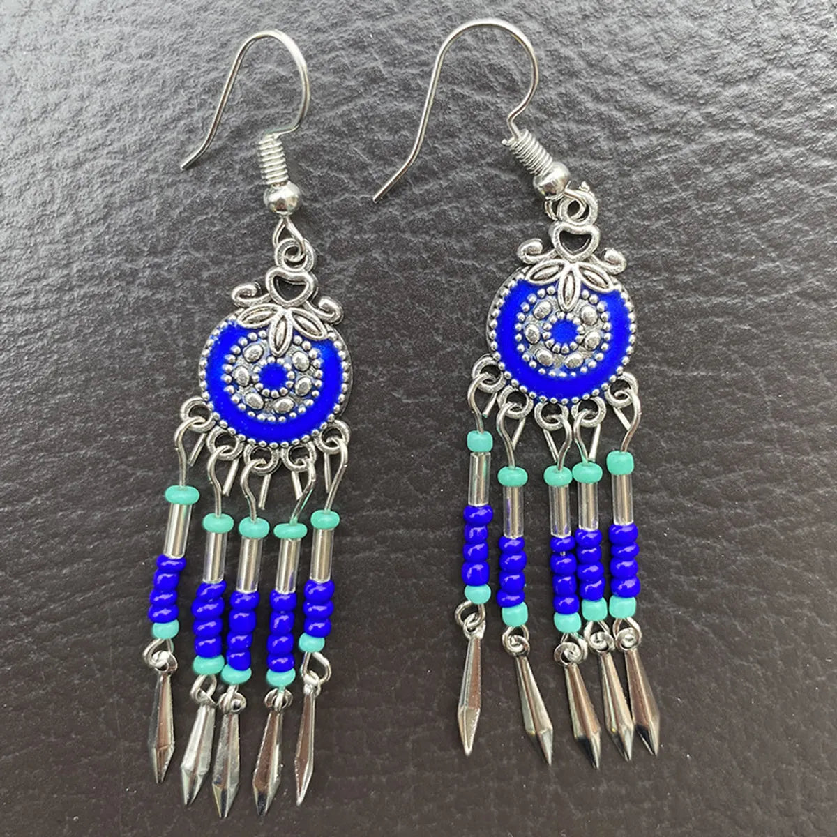 1 Pair Retro Ethnic Style Round Tassel Beaded Enamel Plating Alloy Drop Earrings