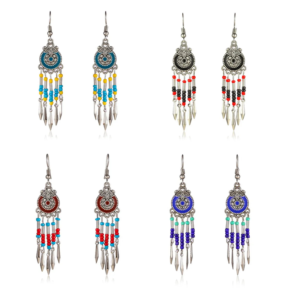 1 Pair Retro Ethnic Style Round Tassel Beaded Enamel Plating Alloy Drop Earrings