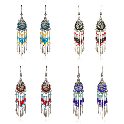 1 Pair Retro Ethnic Style Round Tassel Beaded Enamel Plating Alloy Drop Earrings