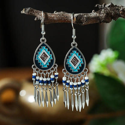 1 Pair Retro Ethnic Style Round Tassel Beaded Enamel Plating Alloy Drop Earrings