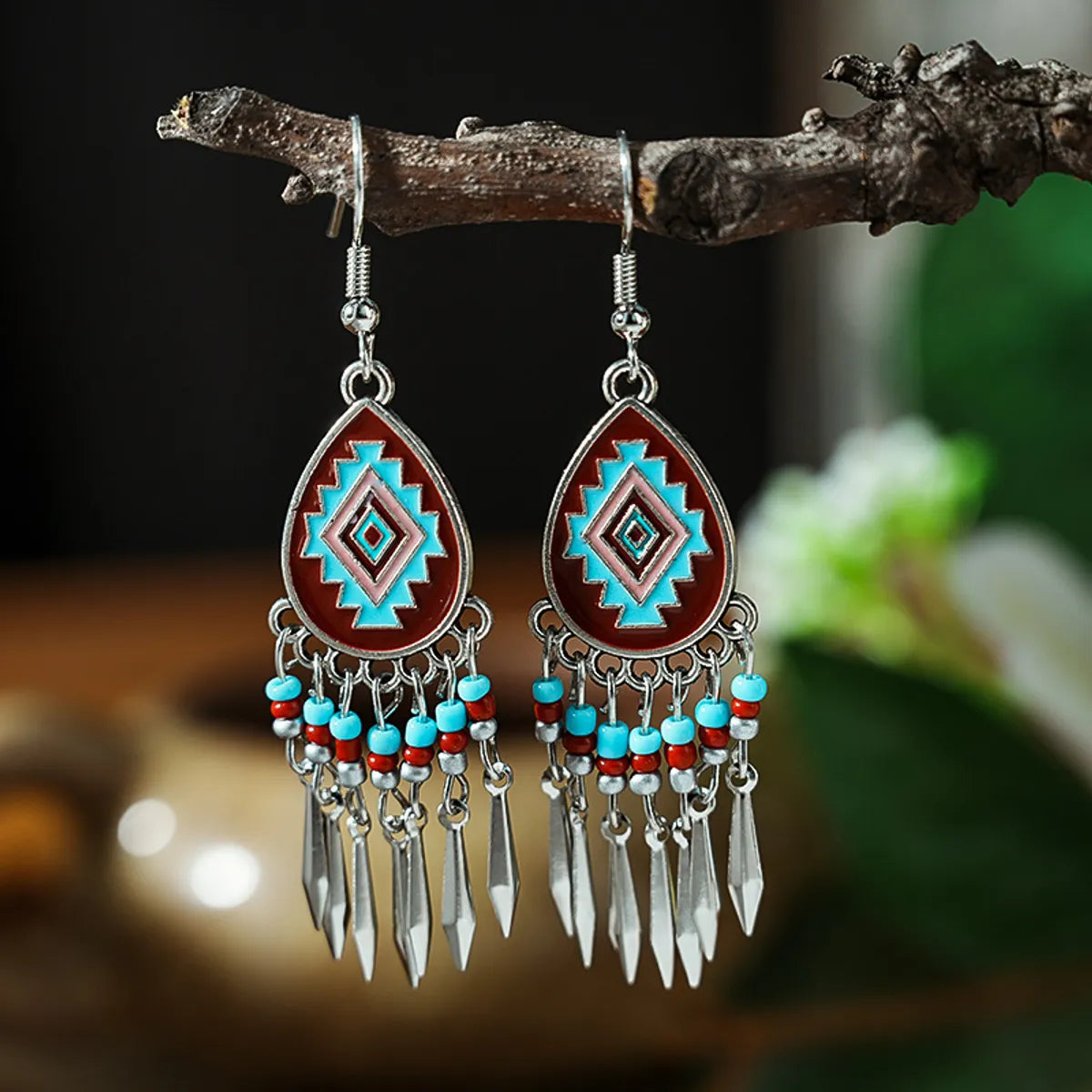 1 Pair Retro Ethnic Style Round Tassel Beaded Enamel Plating Alloy Drop Earrings