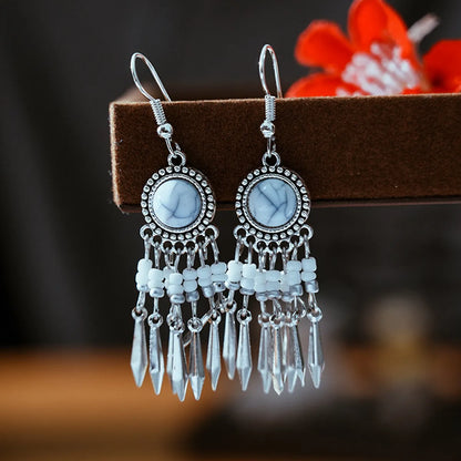 1 Pair Retro Ethnic Style Round Tassel Beaded Enamel Plating Alloy Drop Earrings