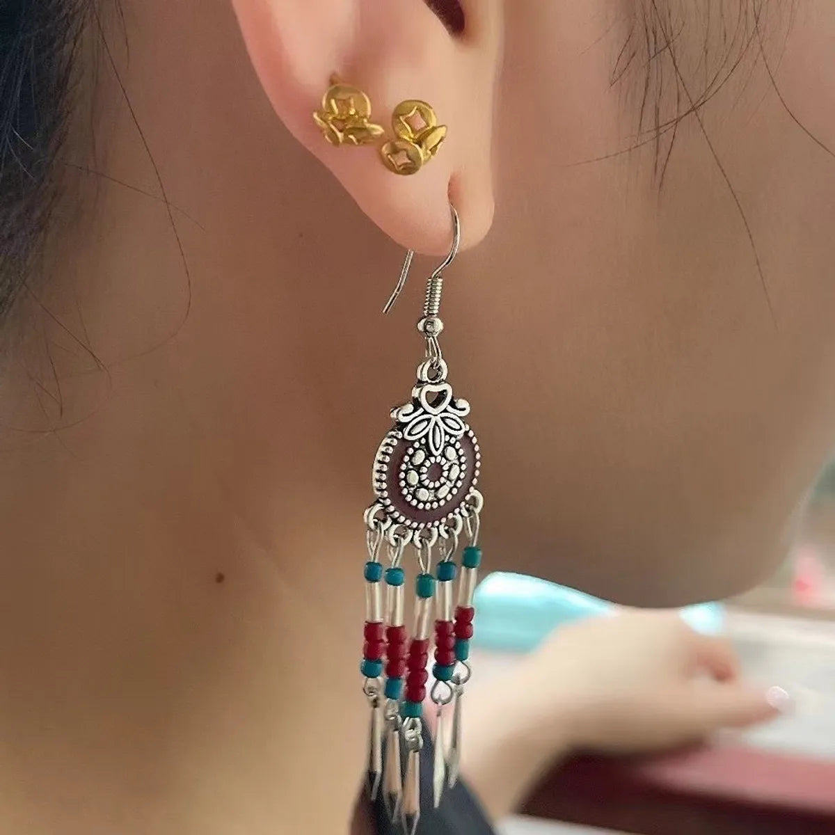 1 Pair Retro Ethnic Style Round Tassel Beaded Enamel Plating Alloy Drop Earrings