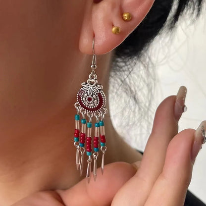 1 Pair Retro Ethnic Style Round Tassel Beaded Enamel Plating Alloy Drop Earrings