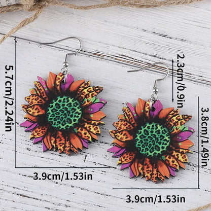 1 Pair Retro Ethnic Style Sunflower Wood Drop Earrings