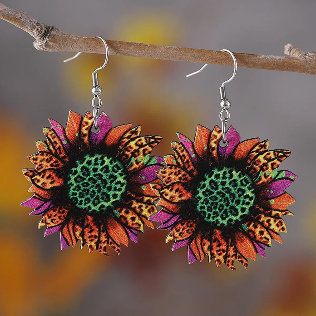 1 Pair Retro Ethnic Style Sunflower Wood Drop Earrings