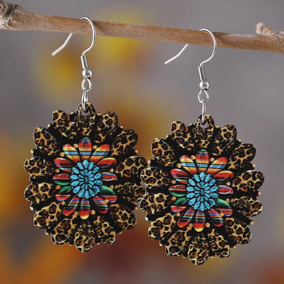 1 Pair Retro Ethnic Style Sunflower Wood Drop Earrings