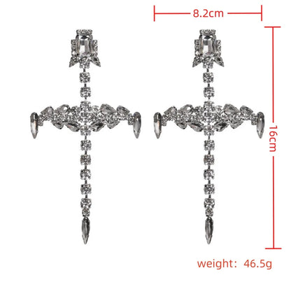 1 Pair Retro Exaggerated Cross Plating Inlay Alloy Rhinestones Silver Plated Drop Earrings