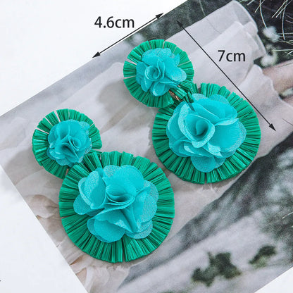 1 Pair Retro Exaggerated Flower Braid Cloth Raffia Drop Earrings