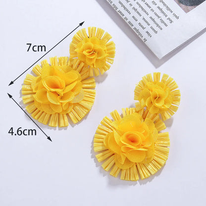 1 Pair Retro Exaggerated Flower Braid Cloth Raffia Drop Earrings