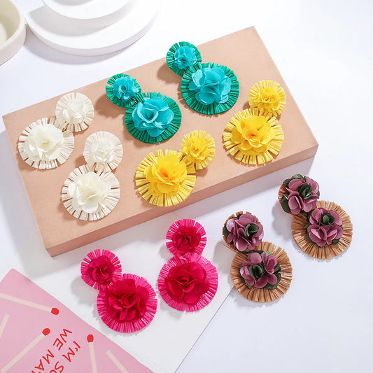 1 Pair Retro Exaggerated Flower Braid Cloth Raffia Drop Earrings